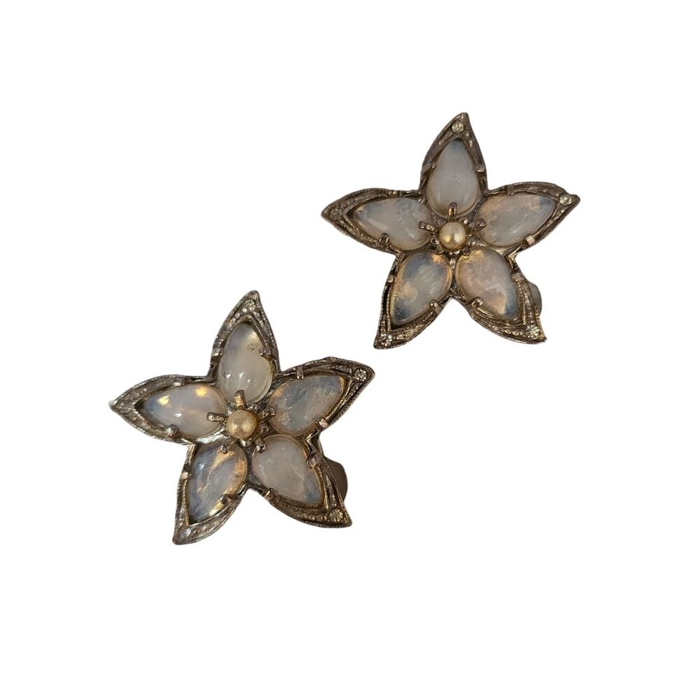 Vintage Opalescent Glass & Rhinestone Flower Clips (A4362)
